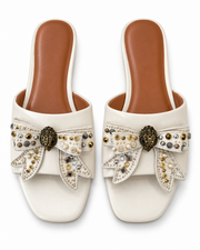 Kurt Geiger Ivory Embellished Bow Slide Sandals